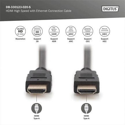 DIGITUS High Speed Premium UHD 4K 3D 60Hz 2.0 aranyozott Ethernet HDMI kábel 2m