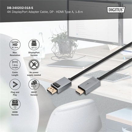 DIGITUS High Speed UHD 4K 3D 30Hz aranyozott 1.2 DisplayPort - HDMI type A kábel 1,8m