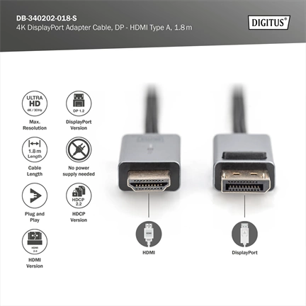 DIGITUS High Speed UHD 4K 3D 30Hz aranyozott 1.2 DisplayPort - HDMI type A kábel 1,8m