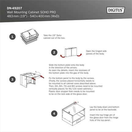 DIGITUS SOHO PRO 19" 12U 595x540x400mm üvegajtós fekete fali rack szekrény