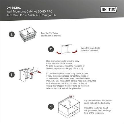 DIGITUS SOHO PRO 19" 4U 240x540x400mm üvegajtós fekete fali rack szekrény