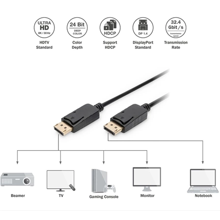 DIGITUS UHD 3D 4K 120Hz aranyozott 1.4 DisplayPort kábel 3m