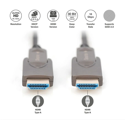 DIGITUS UHD 4K 120Hz aranyozott 2.0b kivehető csatlakozóval AOC optikai HDMI kábel 10m