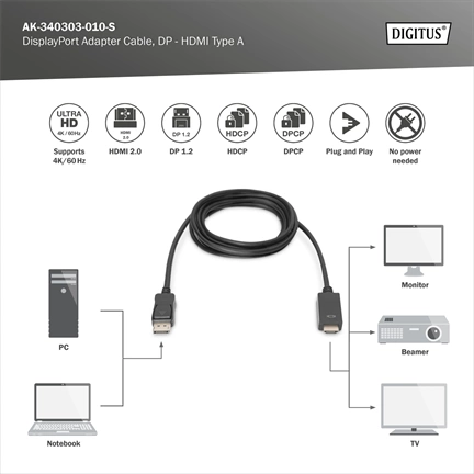 DIGITUS UHD 4K 3D 60Hz 1.2 DisplayPort - HDMI type A 2.0 kábel 1m