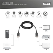 DIGITUS UHD 4K 3D 60Hz 1.2 DisplayPort - HDMI type A 2.0 kábel 3m