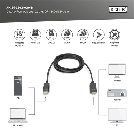 DIGITUS UHD 4K 3D 60Hz 1.2 DisplayPort - HDMI type A 2.0 kábel 3m