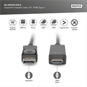 DIGITUS UHD 4K 3D 60Hz 1.2 DisplayPort - HDMI type A 2.0 kábel 3m