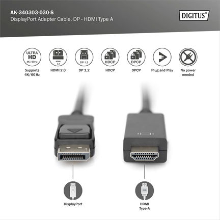 DIGITUS UHD 4K 3D 60Hz 1.2 DisplayPort - HDMI type A 2.0 kábel 3m