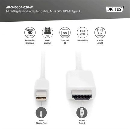 DIGITUS UHD 4K 3D 60Hz 1.2 mini DisplayPort - HDMI type A 2.0 kábel 2m