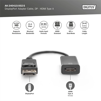 DIGITUS UHD 4K 3D Dual-Mode aktív 1.2 DisplayPort - HDMI type A 2.0 Adapter 0,2m