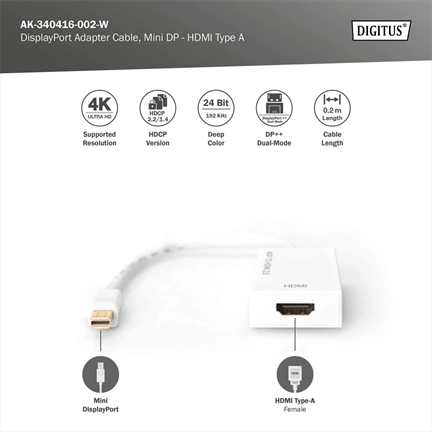 DIGITUS UHD 4K 3D Dual-Mode aktív mini DisplayPort - HDMI type A 2.0 Adapter 0,2m