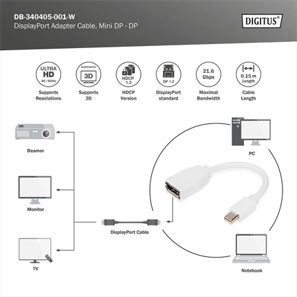 DIGITUS UHD 4K 60Hz 1.2 DisplayPort - mini DisplayPort Adapter 0,15m