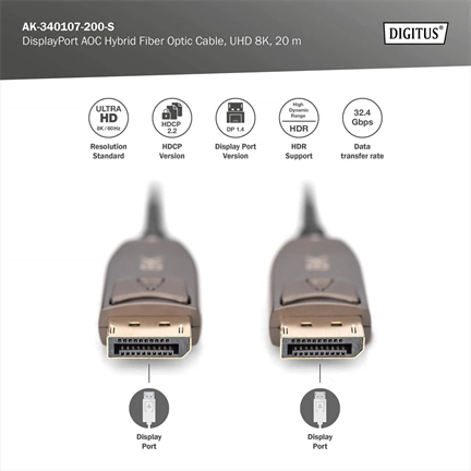 DIGITUS UHD 8K 120Hz aranyozott 1.4 AOC optikai DisplayPort kábel 20m