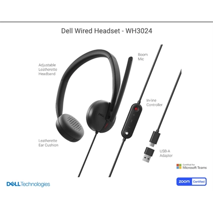 Dell WH3024 vezetékes fejhallgató mikrofonnal (headset) USB-C (USB-A adapterrel)