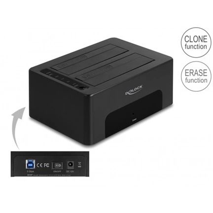Delock 64187 USB kettős dokkolóállomás 2db SATA HDD/SSD-hez klónozó és törlő funkcióval Delock 64187 USB kettős dokkolóállomás 2db SATA HDD/SSD-hez klónozó és törlő funkcióval