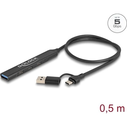 Delock 64272 USB 5Gbps hub 3db Type-C, 1db Type-A porttal, és Type-C/Type-A kábellel