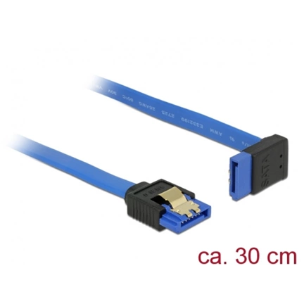 Delock 84996 SATA-kábel 6 Gb/s egyenes -> felfelé ívelt, fém rögzítő, kék, 30cm