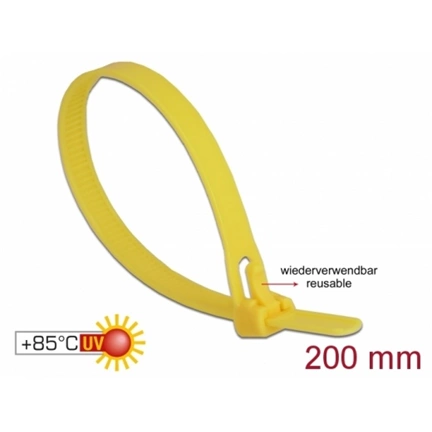Delock Kábelösszekötő újrahasznosítható hőálló hossza 200 mm, szélessége 7,5 mm, 100 db. sárga Delock Kábelösszekötő újrahasznosítható hőálló hossza 200 mm, szélessége 7,5 mm, 100 db. sárga
