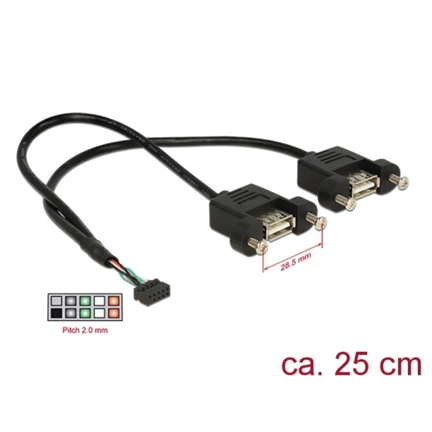 Delock USB2.0 pin header anya 2mm 10tűs > 2x USB2.0 Type-A anya panel modul kábel - 0,25m (84832)