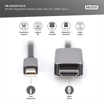Digitus 8K Mini DisplayPort Adapter Cable Mini DP - HDMI Type A 1m Black