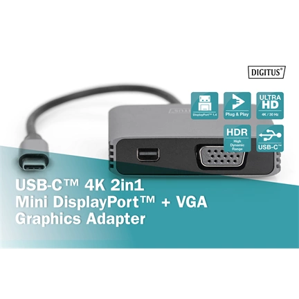 Digitus DA-70825 USB Type-C to VGA/miniDisplayPort 4K/30Hz Graphics Adapter Silver