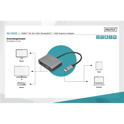 Digitus DA-70825 USB Type-C to VGA/miniDisplayPort 4K/30Hz Graphics Adapter Silver