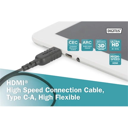 Digitus HDMI High Speed con. cable, type C - A, HighFlex