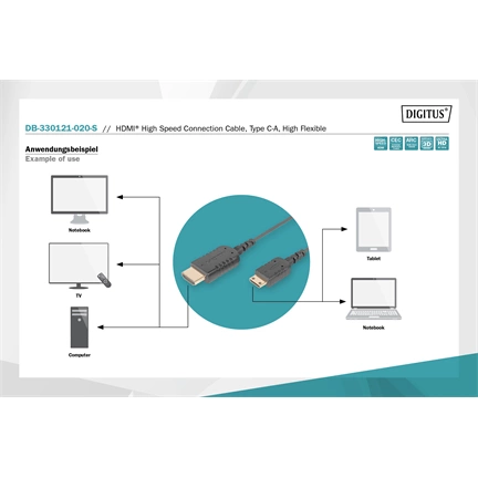 Digitus HDMI High Speed con. cable, type C - A, HighFlex