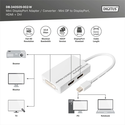 Digitus Mini DisplayPort Adapter/Converter Mini DP to DisplayPort HDMI+DVI 0,2m White