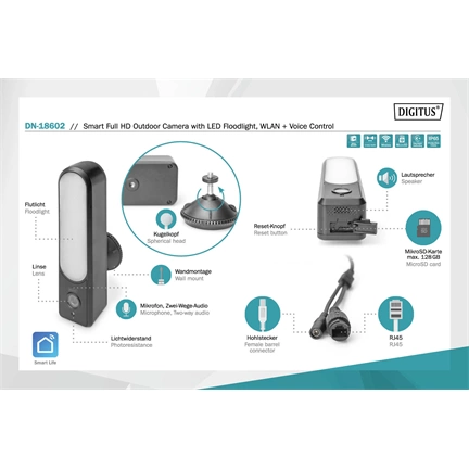 Digitus Smart Full HD Outdoor Camera with LED Floodlight WiFi + Voice Control