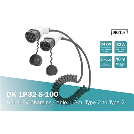 Digitus Spiral EV charging cable Type 2 to Type 2 10m Black