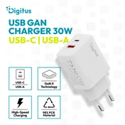 Digitus USB GaN töltő 30W, 1 db USB-C, 1 db USB-A
