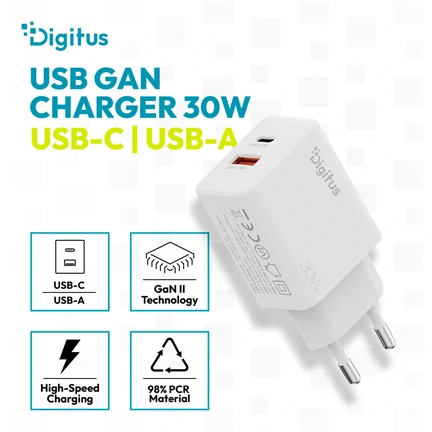 Digitus USB GaN töltő 30W, 1 db USB-C, 1 db USB-A