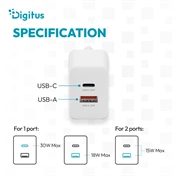 Digitus USB GaN töltő 30W, 1 db USB-C, 1 db USB-A