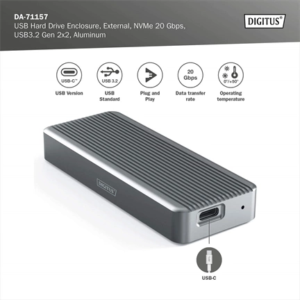 Digitus USB M.2 hard disk enclosure SSD external NVMe  20Gbps USB 3.2 Gen2x2 aluminum