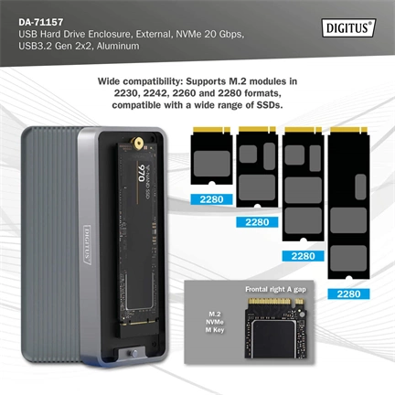 Digitus USB M.2 hard disk enclosure SSD external NVMe  20Gbps USB 3.2 Gen2x2 aluminum