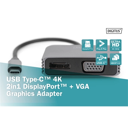 Digitus USB Type-C 4K 2-in-1 DisplayPort + VGA Graphics Adapter Silver