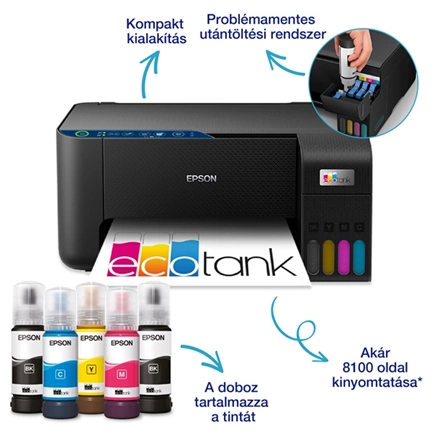 Epson EcoTank L3271 többfunkciós, Wi-Fi-s, külső tintatartályos, A4-es nyomtató, akár 3 évre elegendő tintával