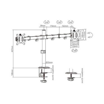 GEMBIRD Adjustable desk 2-display mounting arm (rotate, tilt, swivel), 17"-32", up to 9 kg GEMBIRD Adjustable desk 2-display mounting arm (rotate, tilt, swivel), 17"-32", up to 9 kg