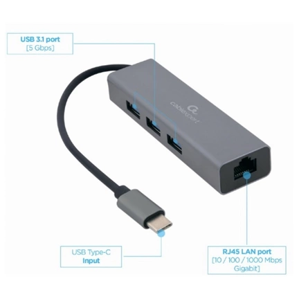 GEMBIRD USB-C Gigabit network adapter with 3-port USB 3.1 hub