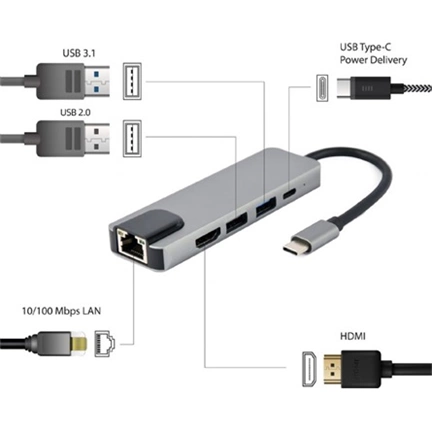 GEMBIRD USB Type-C 5-in-1 multi-port adapter (Hub + HDMI + PD + LAN)