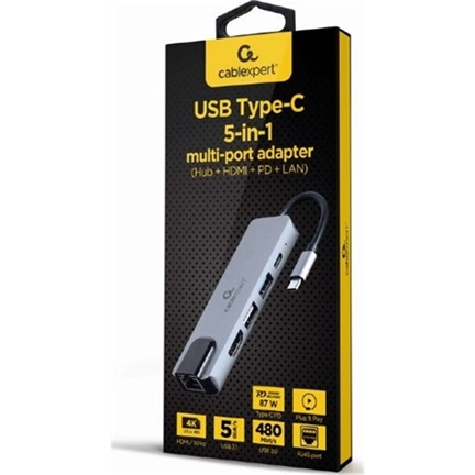 GEMBIRD USB Type-C 5-in-1 multi-port adapter (Hub + HDMI + PD + LAN)