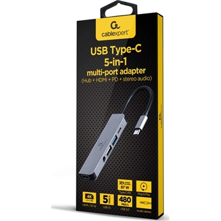 GEMBIRD USB Type-C 5-in-1 multi-port adapter (Hub + HDMI + PD + stereo audio)