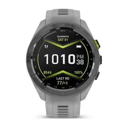 Garmin Approach S70 - prémium GPS golf okosóra, 42mm, fekete/élénk sárga kerámiakeret, porszürke szilikonszíj