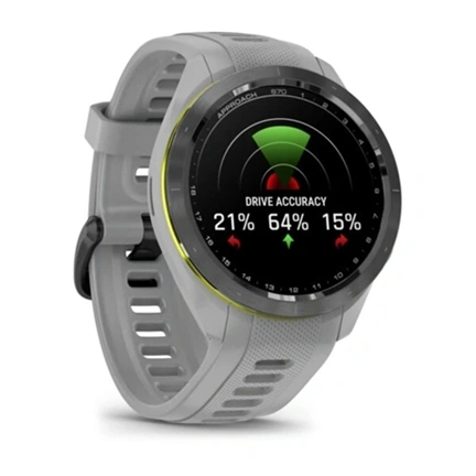 Garmin Approach S70 - prémium GPS golf okosóra, 42mm, fekete/élénk sárga kerámiakeret, porszürke szilikonszíj