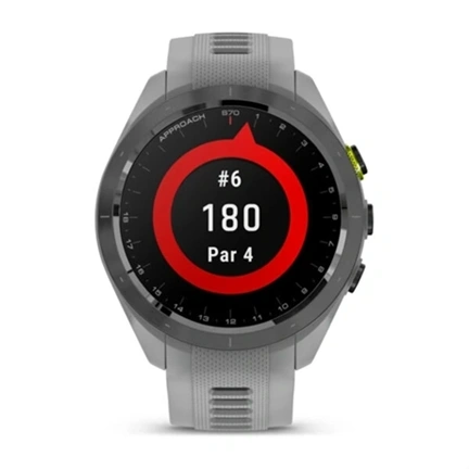 Garmin Approach S70 - prémium GPS golf okosóra, 42mm, fekete/élénk sárga kerámiakeret, porszürke szilikonszíj