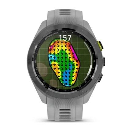 Garmin Approach S70 - prémium GPS golf okosóra, 42mm, fekete/élénk sárga kerámiakeret, porszürke szilikonszíj