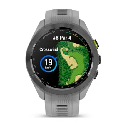 Garmin Approach S70 - prémium GPS golf okosóra, 42mm, fekete/élénk sárga kerámiakeret, porszürke szilikonszíj