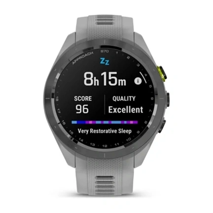 Garmin Approach S70 - prémium GPS golf okosóra, 42mm, fekete/élénk sárga kerámiakeret, porszürke szilikonszíj