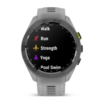 Garmin Approach S70 - prémium GPS golf okosóra, 42mm, fekete/élénk sárga kerámiakeret, porszürke szilikonszíj